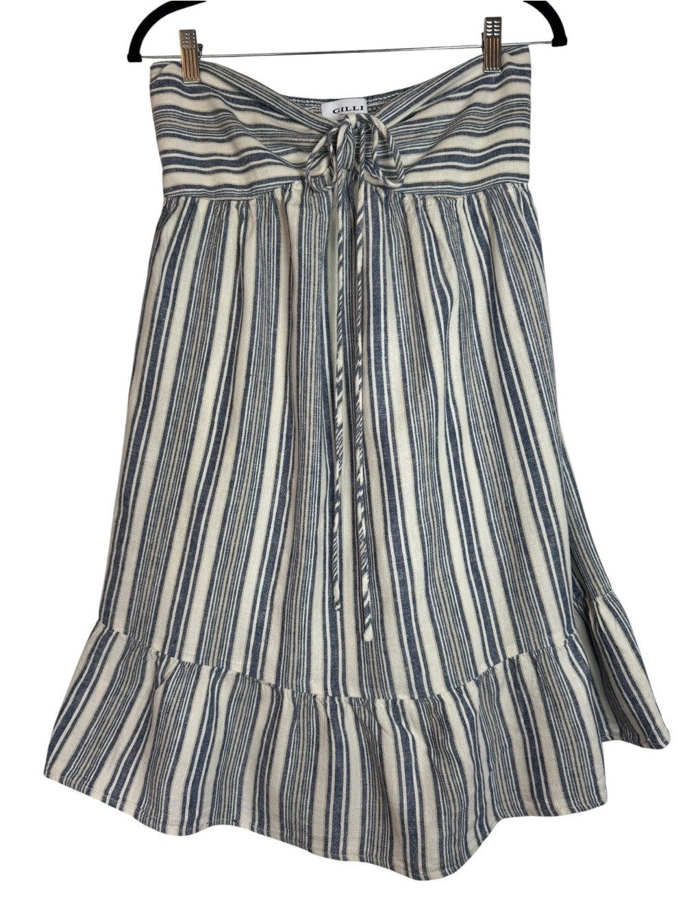 Gilli Blue and White Striped Linen Tie-Front or Around Neck Medium Mini Dress